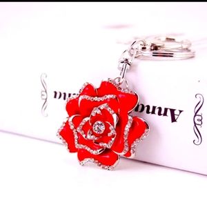 Rhinestone Red Enamel Silver Tone Rose Flower Keychain Bag Charm Accessory